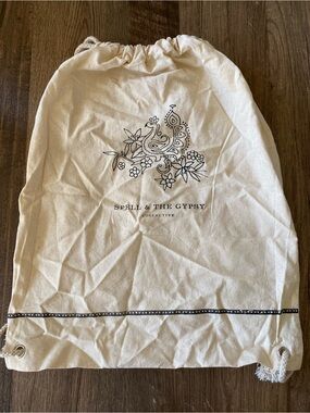 Spell Natural Canvas Drawstring Bag with Black Floral Peacock Print